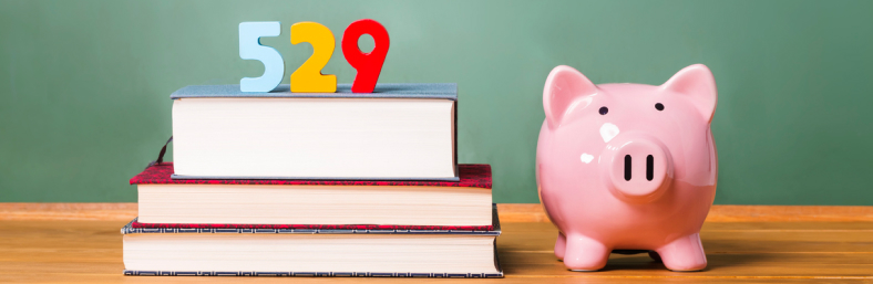 The number "529" on a stack of three books and a pink piggy bank.
